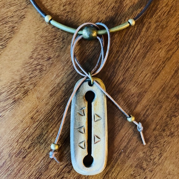 Upcycled Rustic Brass Wood Leather Necklace - Picture 3 of 6